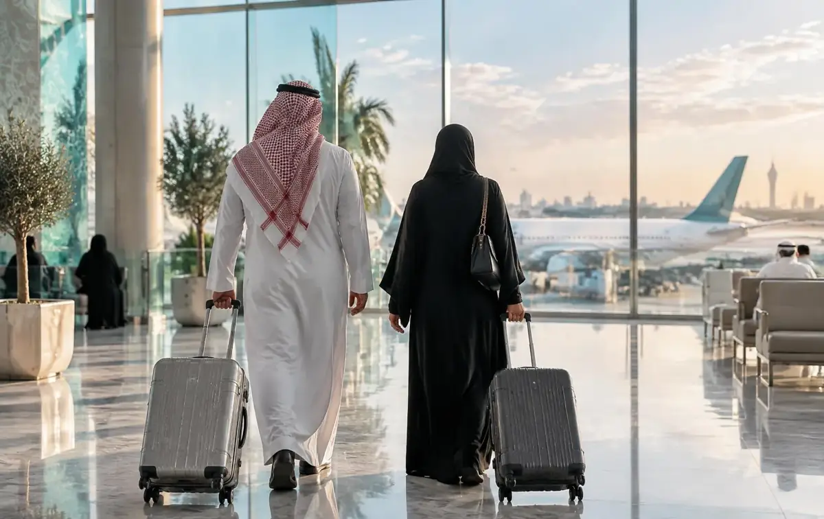مسافران يستعدان لرحلة عمرة VIP في المطار